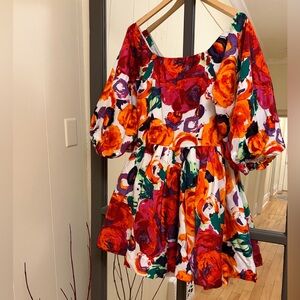 Bright Floral Puff-Sleeve Mini Dress - Multicolor 97% Cotton